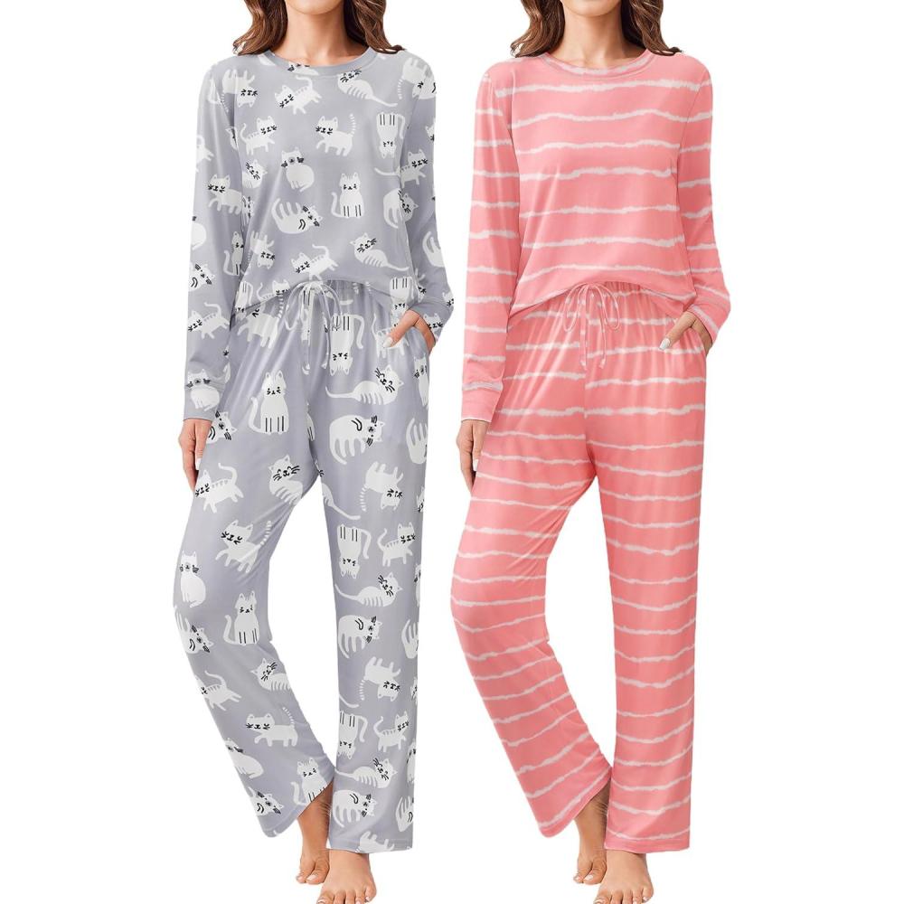 imageEkouaer 2 Pack Women Pajama Long Sleeve Sleepwear Soft Loungewear Pjs Sets with Pockets SXXLPink StripedCat