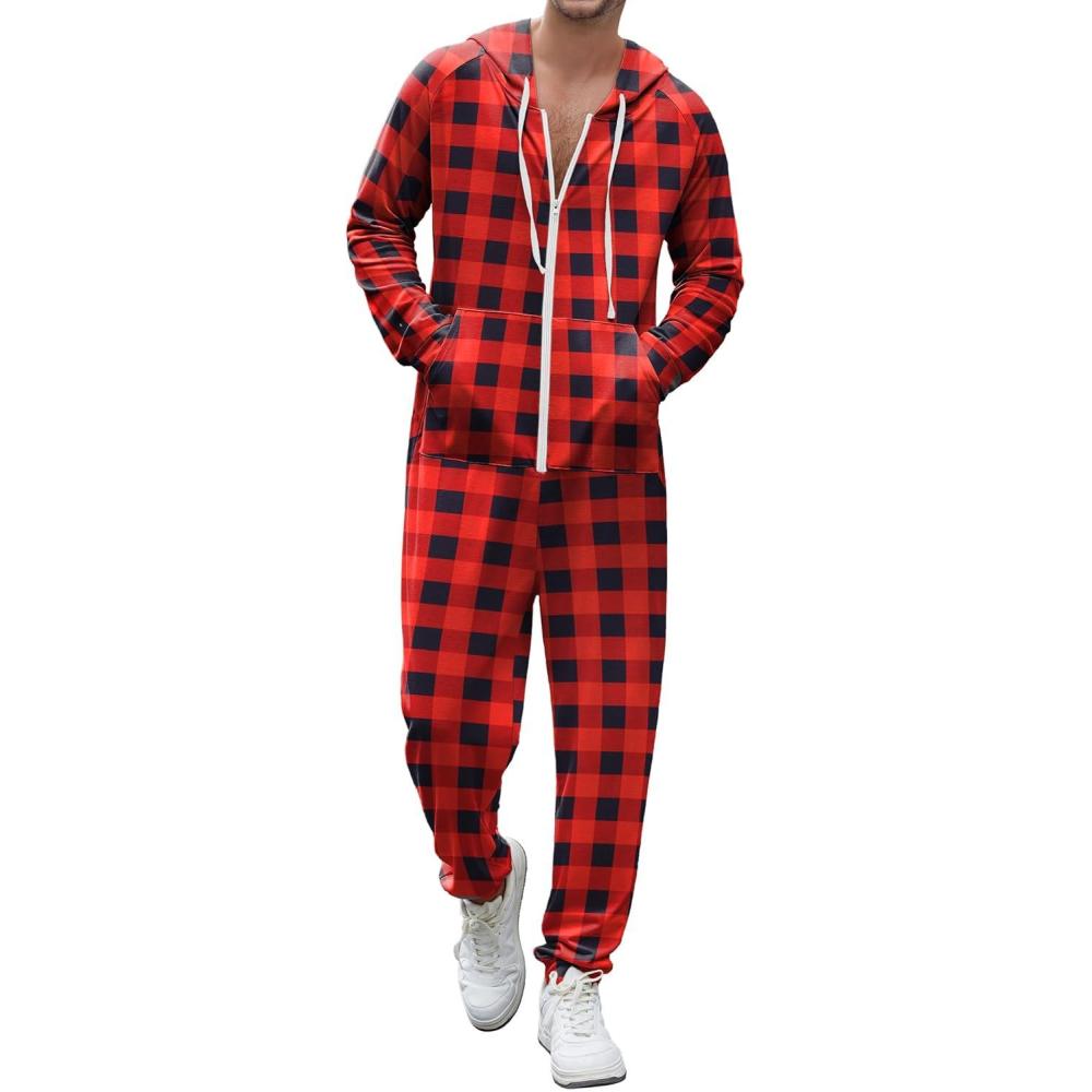 imageEkouaer Christmas Onesie Men Hooded Zipper Onesies Soft One Piece Pajamas with PocketRed Plaid