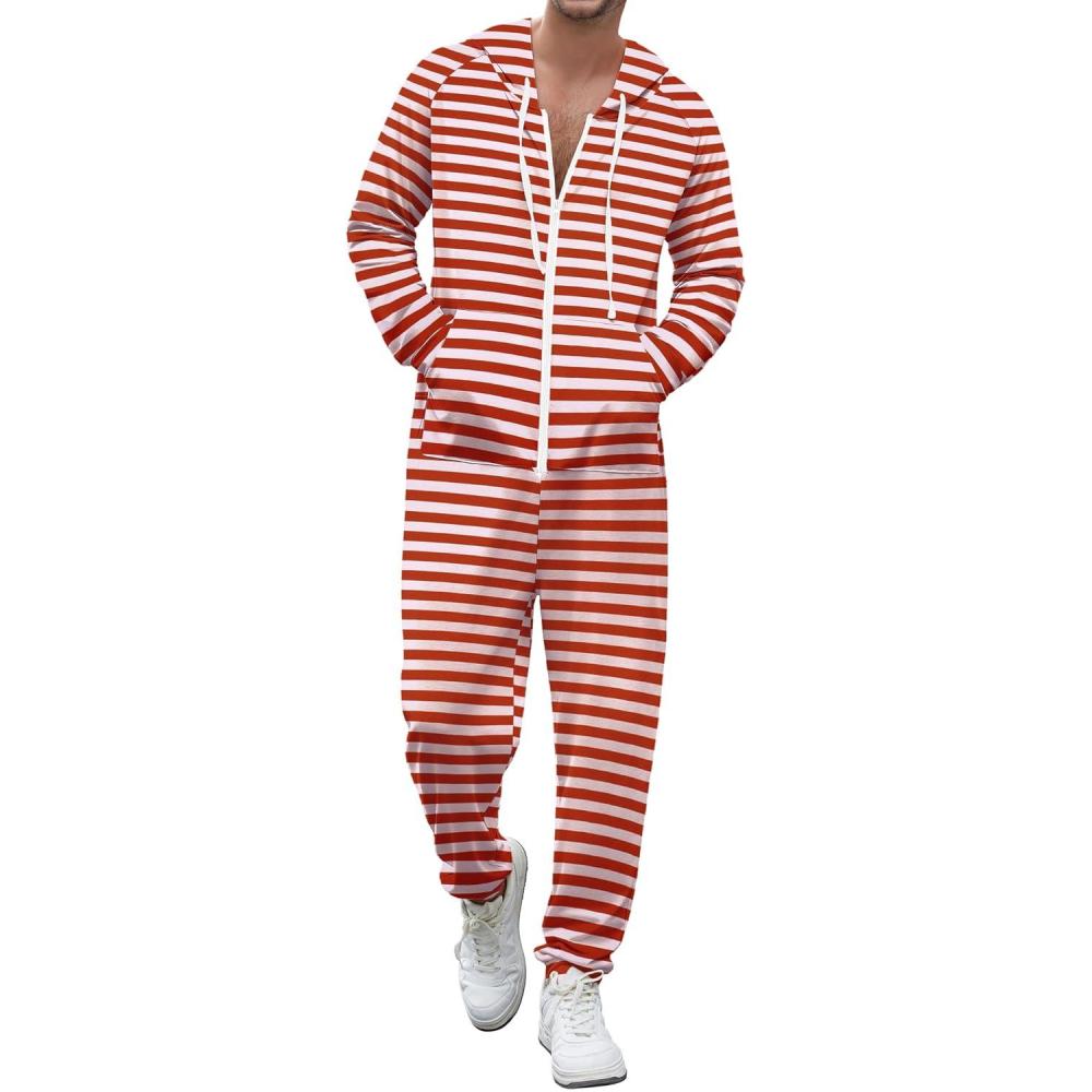 imageEkouaer Christmas Onesie Men Hooded Zipper Onesies Soft One Piece Pajamas with PocketRed White Stripes