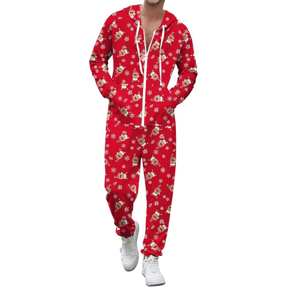 imageEkouaer Christmas Onesie Men Hooded Zipper Onesies Soft One Piece Pajamas with PocketReindeer