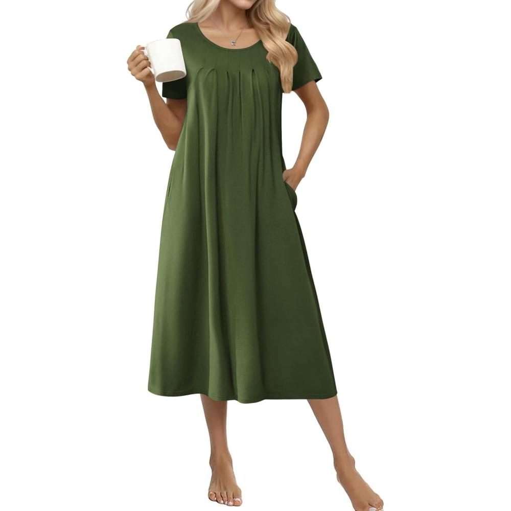 imageEkouaer Cotton Nightgowns for Women Long House Dresses with Pockets Plus Size Night Gowns Short Sleeve Night Shirts S3XLArmy Green