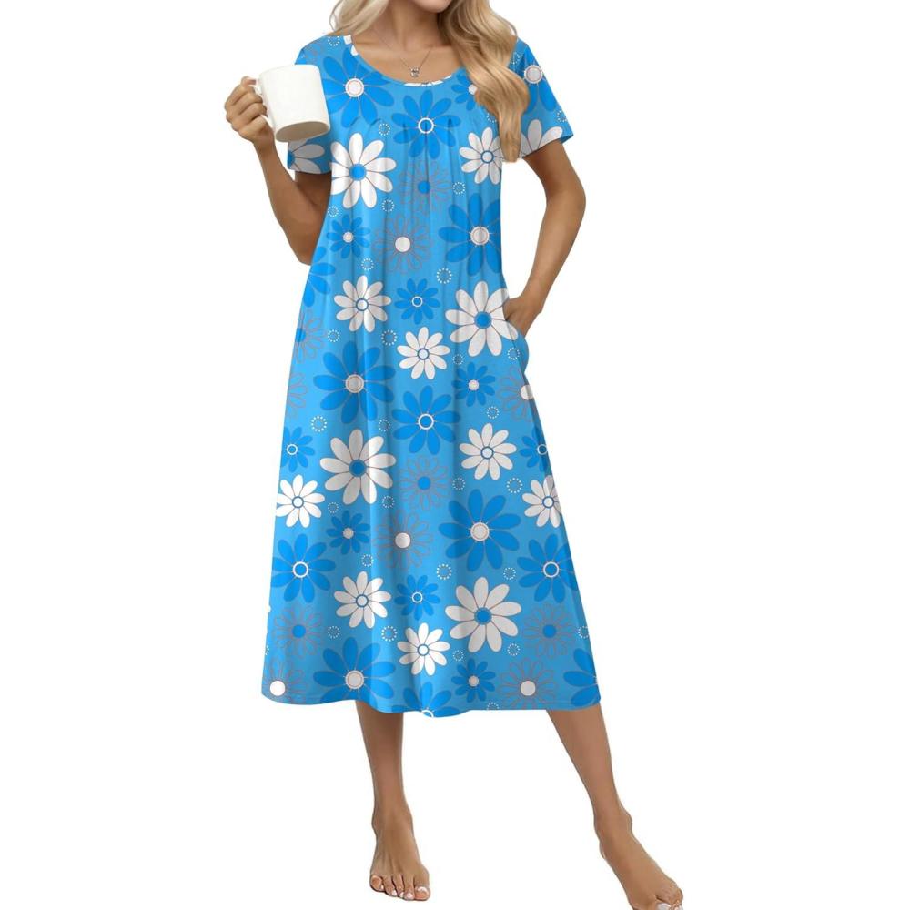 imageEkouaer Cotton Nightgowns for Women Long House Dresses with Pockets Plus Size Night Gowns Short Sleeve Night Shirts S3XLLine Drawing Flowers Blue
