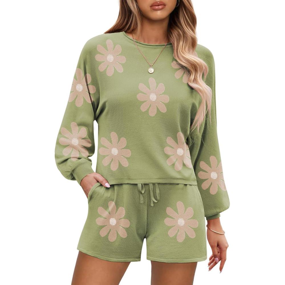 imageEkouaer Knit Pajamas Set for Women Lounge Wear Sets Long Sleeve Sweatsuit Matching 2 Piece Outfits Casual Sweater Sets SXXLAgreen Flower