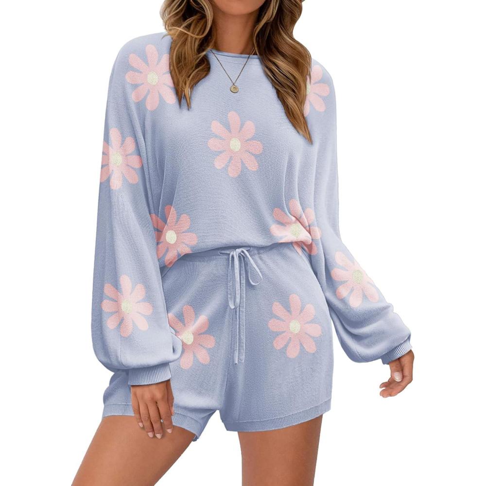 imageEkouaer Knit Pajamas Set for Women Lounge Wear Sets Long Sleeve Sweatsuit Matching 2 Piece Outfits Casual Sweater Sets SXXLFloral Blue