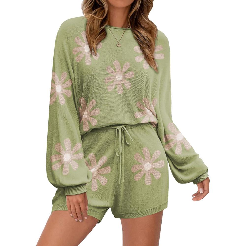 imageEkouaer Knit Pajamas Set for Women Lounge Wear Sets Long Sleeve Sweatsuit Matching 2 Piece Outfits Casual Sweater Sets SXXLFloral Green