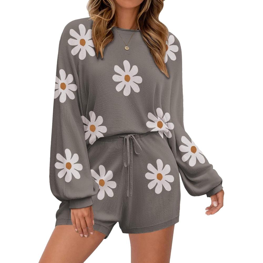 imageEkouaer Knit Pajamas Set for Women Lounge Wear Sets Long Sleeve Sweatsuit Matching 2 Piece Outfits Casual Sweater Sets SXXLFloral Grey