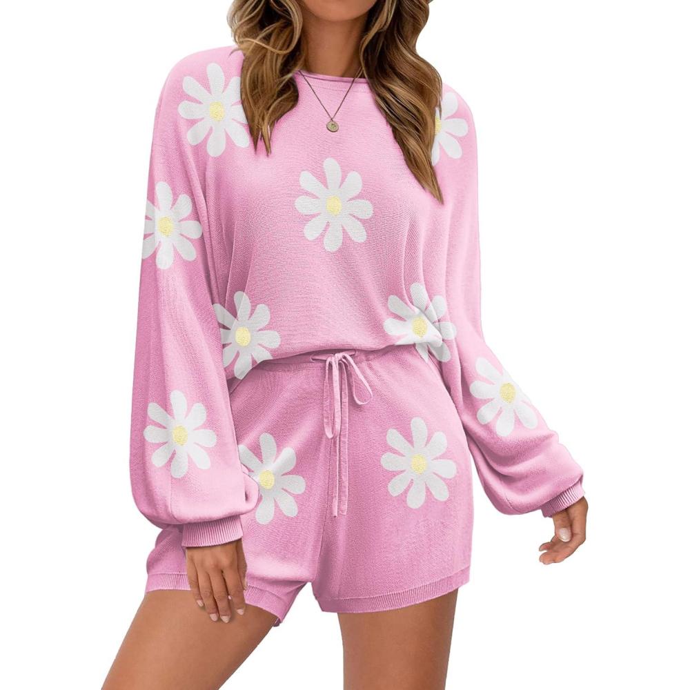 imageEkouaer Knit Pajamas Set for Women Lounge Wear Sets Long Sleeve Sweatsuit Matching 2 Piece Outfits Casual Sweater Sets SXXLFloral Pink