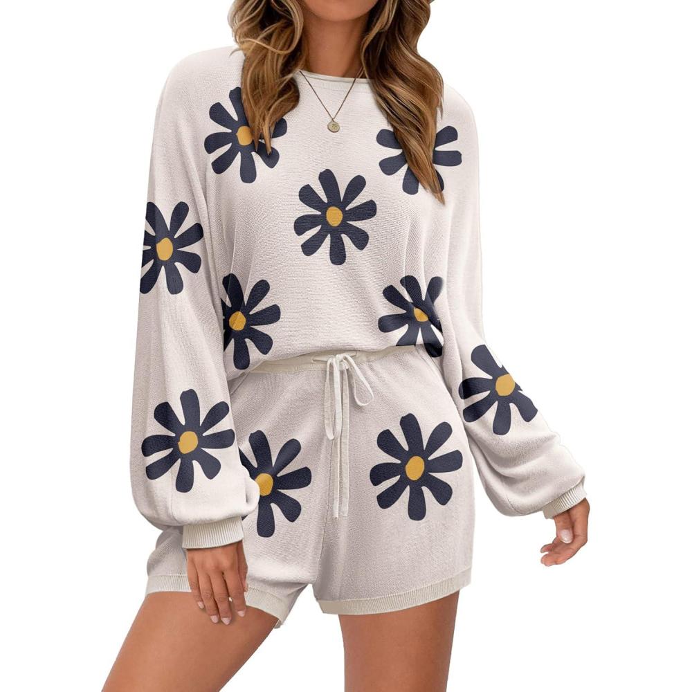 imageEkouaer Knit Pajamas Set for Women Lounge Wear Sets Long Sleeve Sweatsuit Matching 2 Piece Outfits Casual Sweater Sets SXXLFloral White