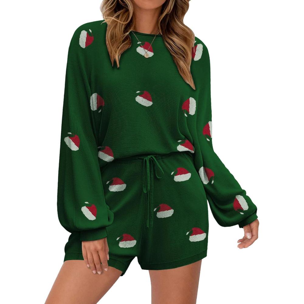 imageEkouaer Knit Pajamas Set for Women Lounge Wear Sets Long Sleeve Sweatsuit Matching 2 Piece Outfits Casual Sweater Sets SXXLGreen Santa Hat