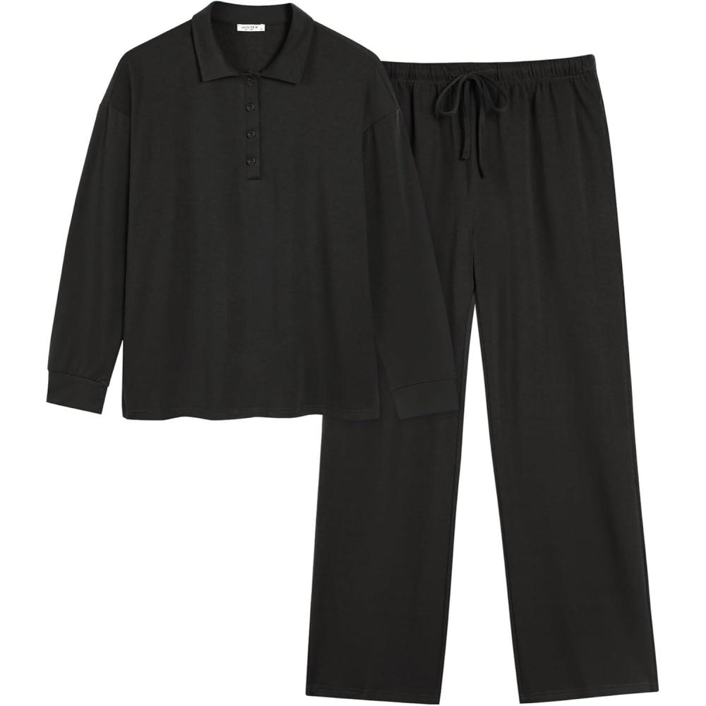 imageEkouaer Lounge Sets for Women 2 Piece Outfits 2024 Long Sleeve Top with Pants Sweatsuit Tracksuit SXXLBlack