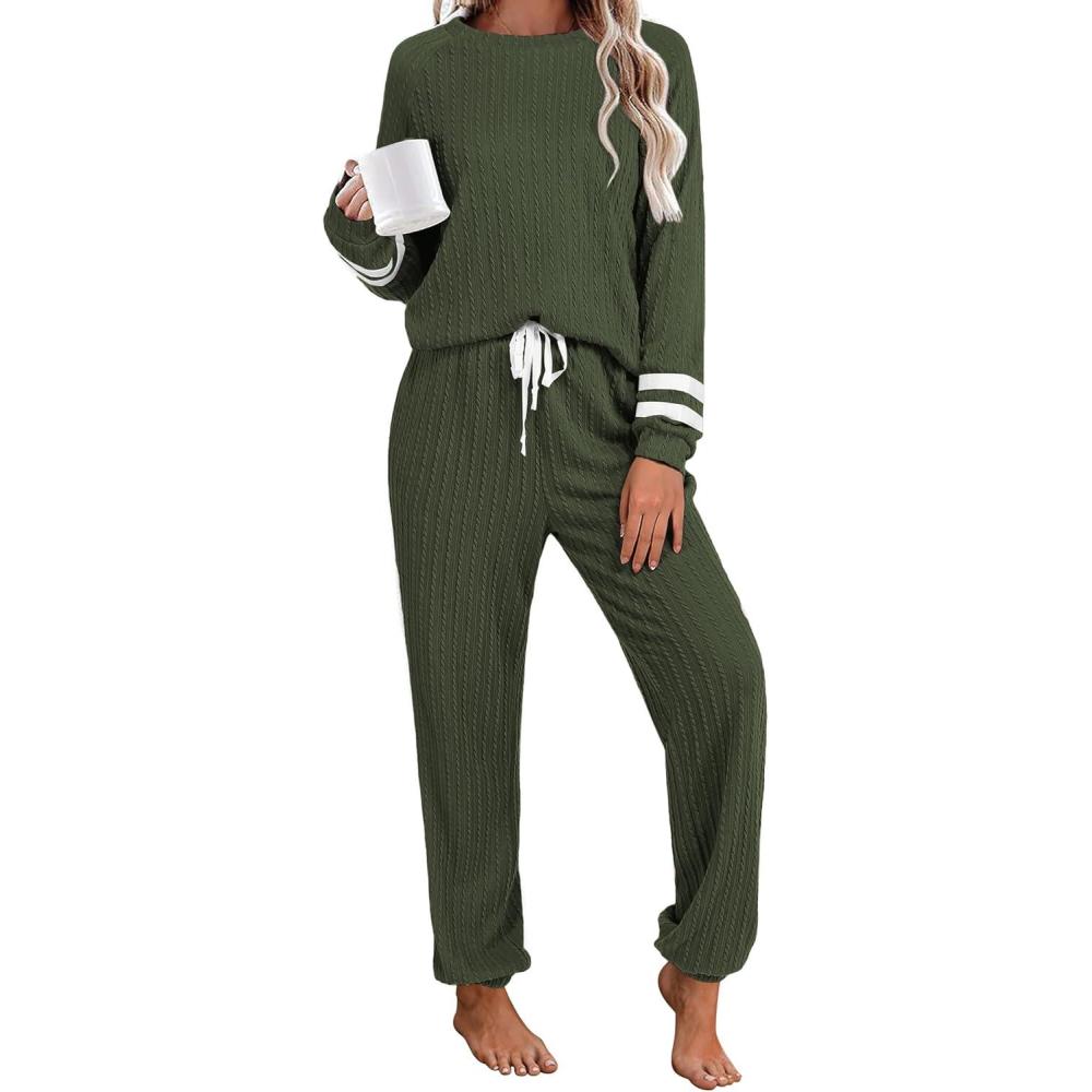 imageEkouaer Lounge Sets for Women Ribbed Knit Outfits Pajamas Sets 2 Piece Long Sleeve Sweatsuits with PocketsArmy Green