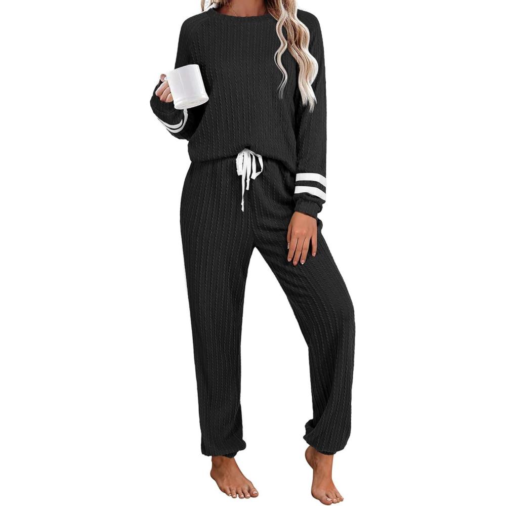 imageEkouaer Lounge Sets for Women Ribbed Knit Outfits Pajamas Sets 2 Piece Long Sleeve Sweatsuits with PocketsBlack