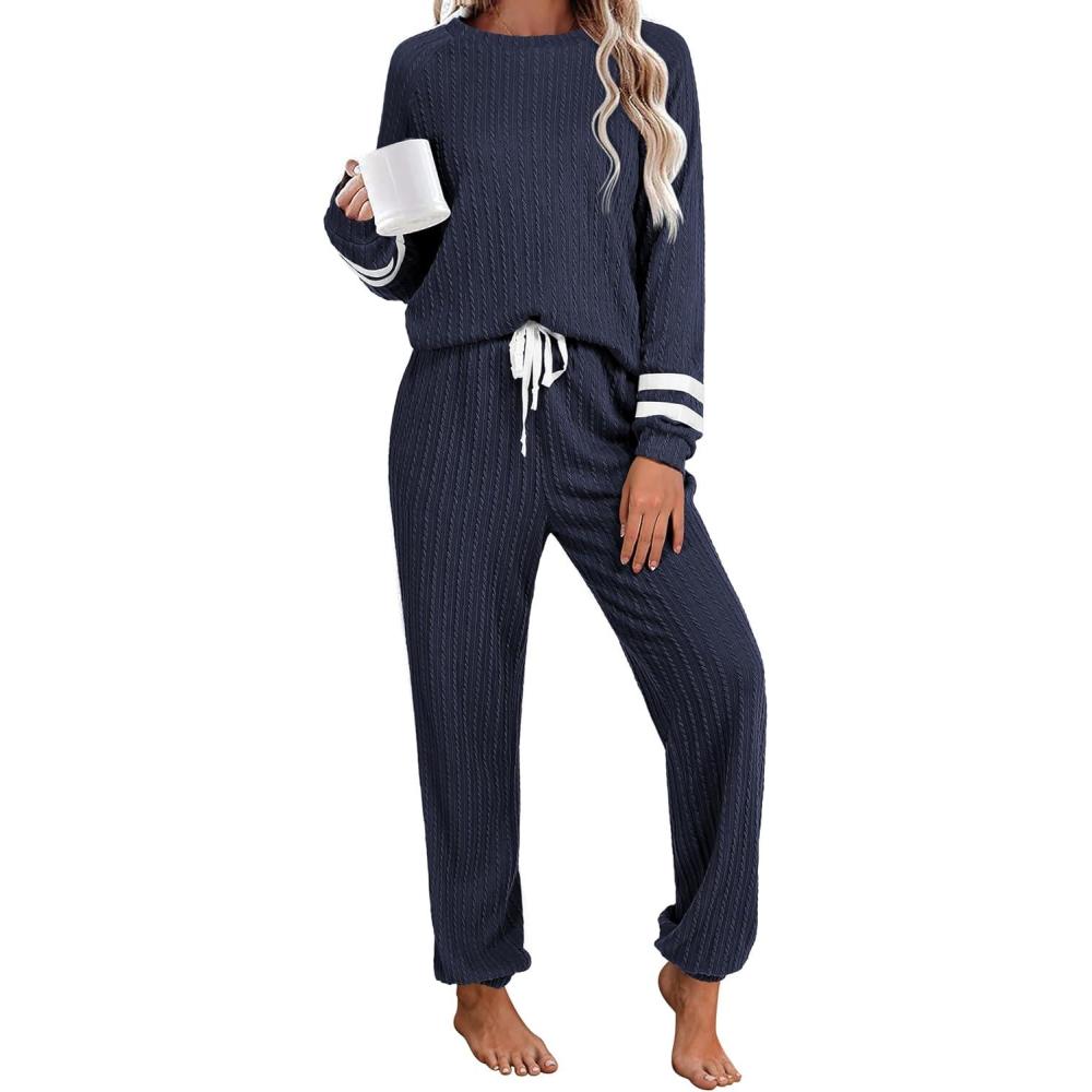 imageEkouaer Lounge Sets for Women Ribbed Knit Outfits Pajamas Sets 2 Piece Long Sleeve Sweatsuits with PocketsBlue