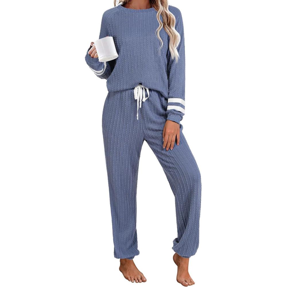 imageEkouaer Lounge Sets for Women Ribbed Knit Outfits Pajamas Sets 2 Piece Long Sleeve Sweatsuits with PocketsGrey Blue