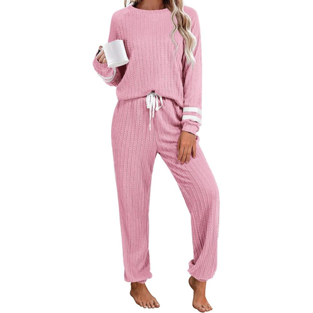 imageEkouaer Lounge Sets for Women Ribbed Knit Outfits Pajamas Sets 2 Piece Long Sleeve Sweatsuits with PocketsPink