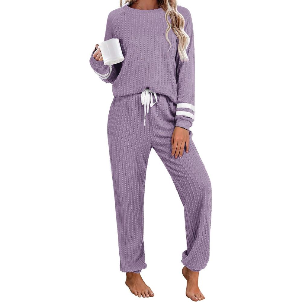 imageEkouaer Lounge Sets for Women Ribbed Knit Outfits Pajamas Sets 2 Piece Long Sleeve Sweatsuits with PocketsPurple
