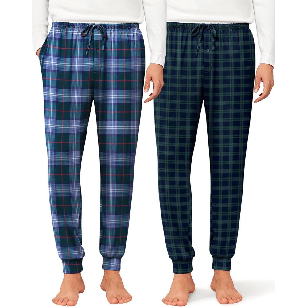 imageEkouaer Mens Pajama Pants Lightweight Loungewear Comfy Jogger Sleep Pant Long Pj Bottoms with Drawstring amp Pockets2 Packgreenblue Plaid