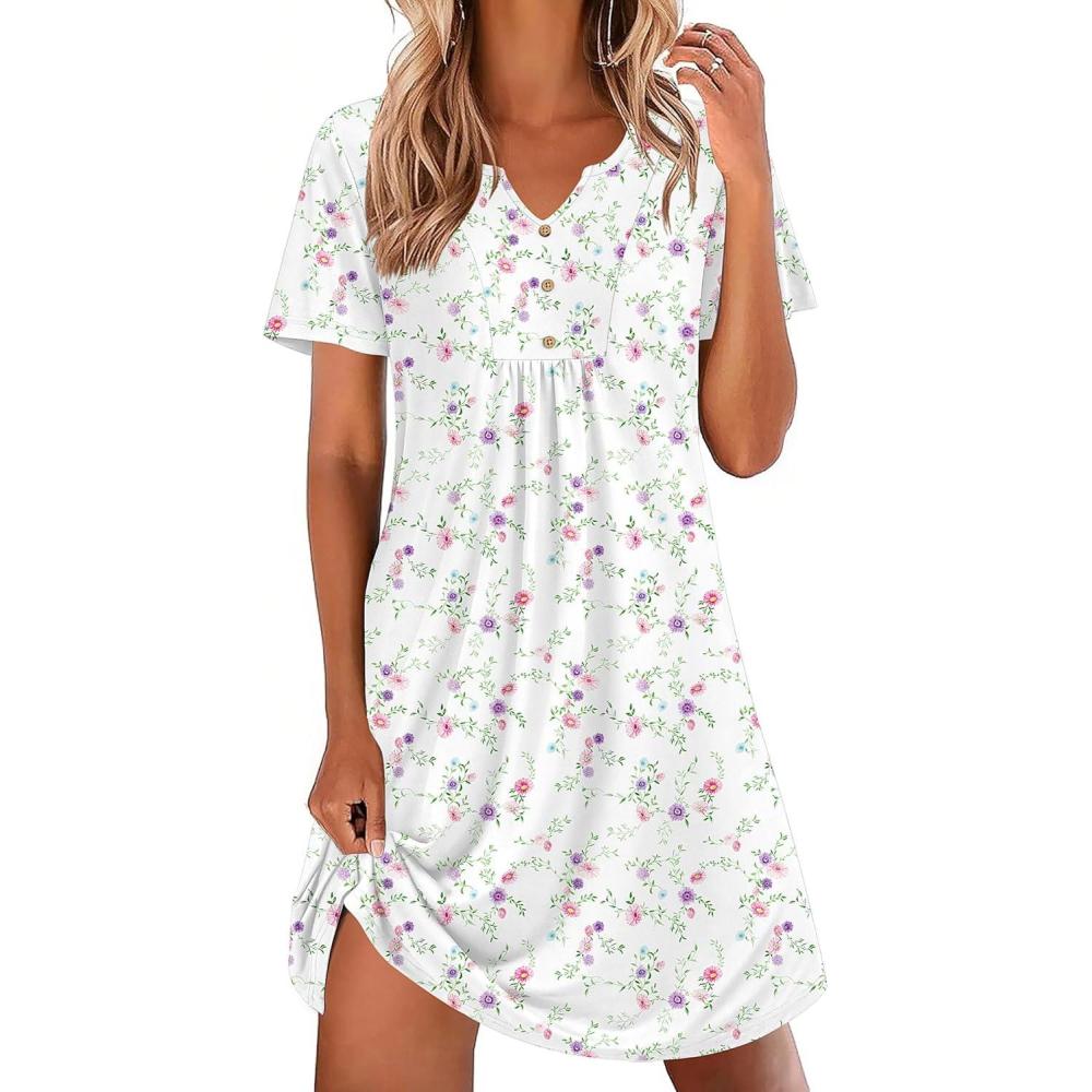 imageEkouaer Nightgowns for Women Cotton Night Gowns Pleated Nightshirts Henley V Neck Sleepshirts Short Sleeve SleepwearWhite Pink Lilac Florals