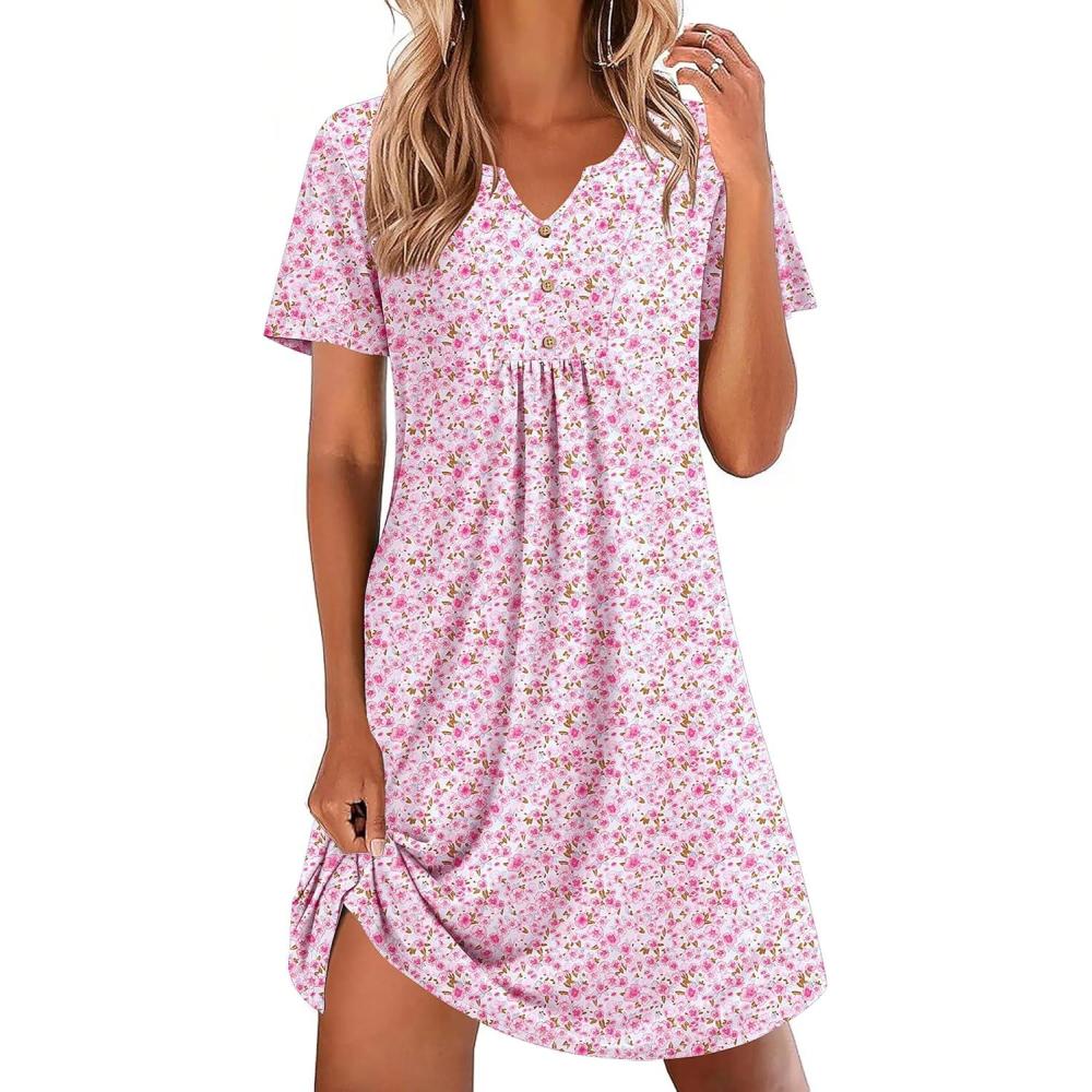 imageEkouaer Nightgowns for Women Cotton Night Gowns Pleated Nightshirts Henley V Neck Sleepshirts Short Sleeve SleepwearWhite Pink Florals