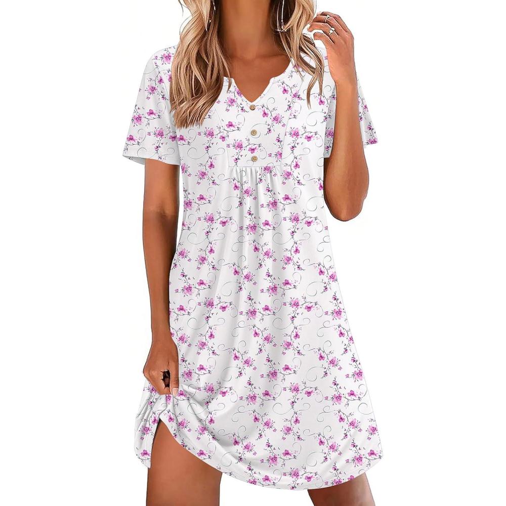 imageEkouaer Nightgowns for Women Cotton Night Gowns Pleated Nightshirts Henley V Neck Sleepshirts Short Sleeve SleepwearWhite Pink Line Florals