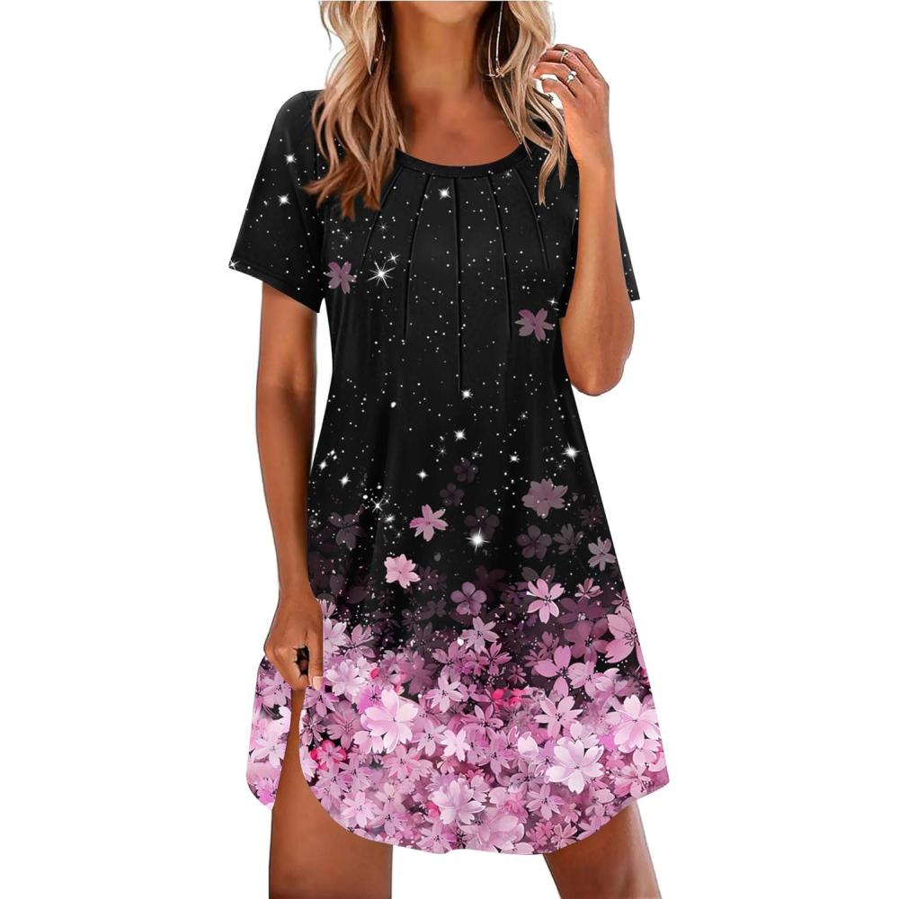 imageEkouaer Nightgowns for Women Pleated Nightshirts Short Sleeve Sleepshirts Crew Neck Sleepwear Soft Night Gown SleepdressBlack Pink Sakura