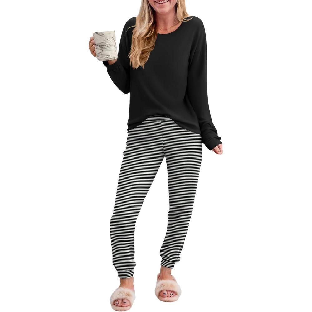 imageEkouaer Pajama Sets for Women 2 Piece Plaid Pjs Long Sleeve Lounge Sets Comfy Gingham Nightwear with PocketsBlack Grey Striped