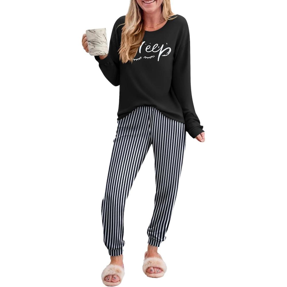 imageEkouaer Pajama Sets for Women 2 Piece Plaid Pjs Long Sleeve Lounge Sets Comfy Gingham Nightwear with PocketsBlack Striped