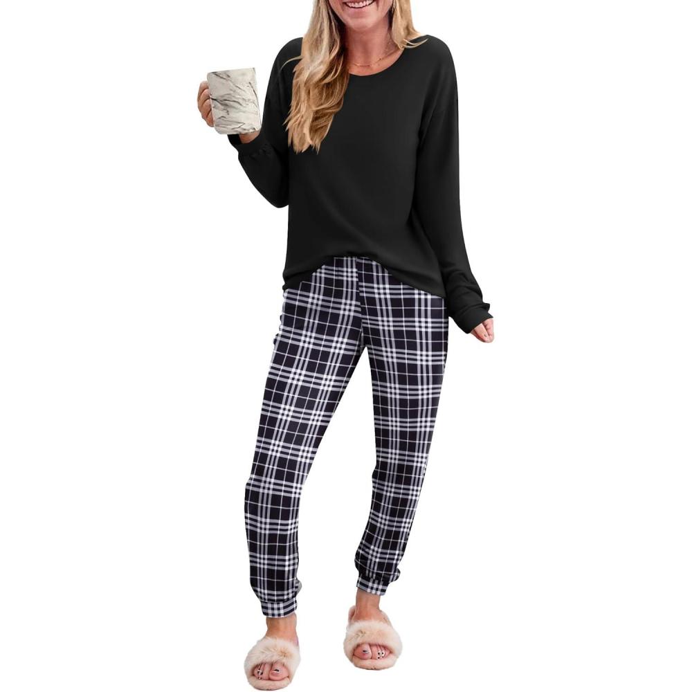 imageEkouaer Pajama Sets for Women 2 Piece Plaid Pjs Long Sleeve Lounge Sets Comfy Gingham Nightwear with PocketsBlack and White Plaid