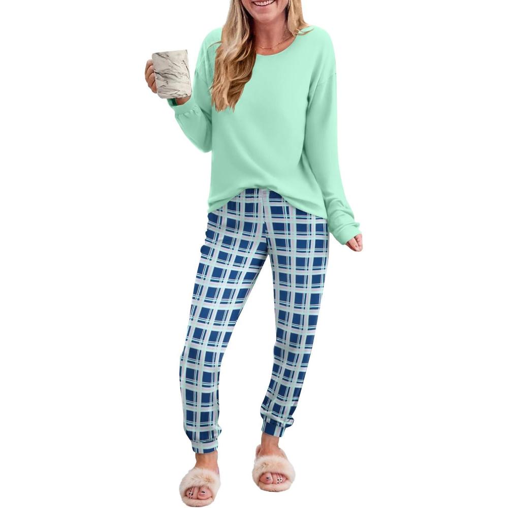 imageEkouaer Pajama Sets for Women 2 Piece Plaid Pjs Long Sleeve Lounge Sets Comfy Gingham Nightwear with PocketsBlue Plaid