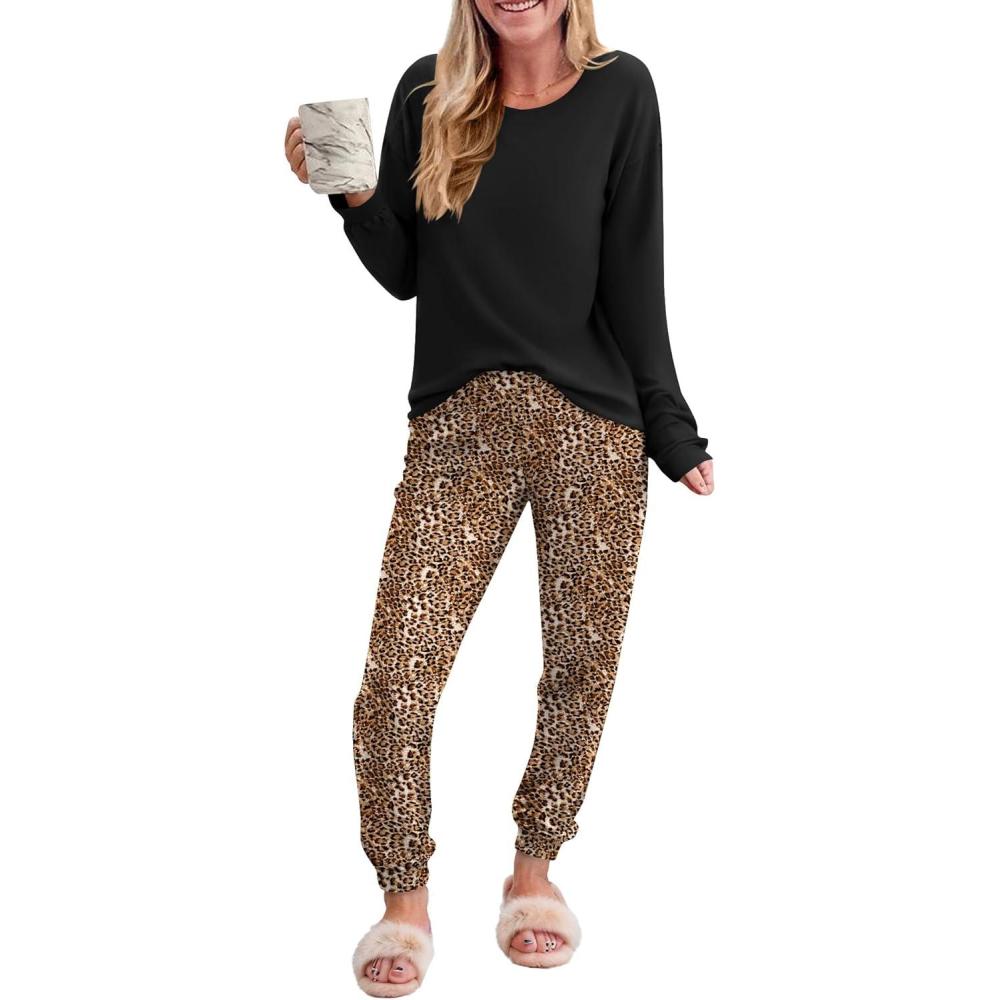 imageEkouaer Pajama Sets for Women 2 Piece Plaid Pjs Long Sleeve Lounge Sets Comfy Gingham Nightwear with PocketsBrown Leopard