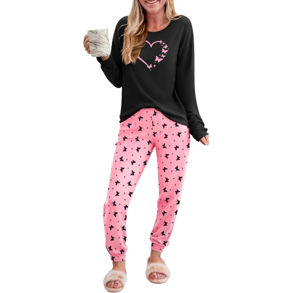 imageEkouaer Pajama Sets for Women 2 Piece Plaid Pjs Long Sleeve Lounge Sets Comfy Gingham Nightwear with PocketsButterfly