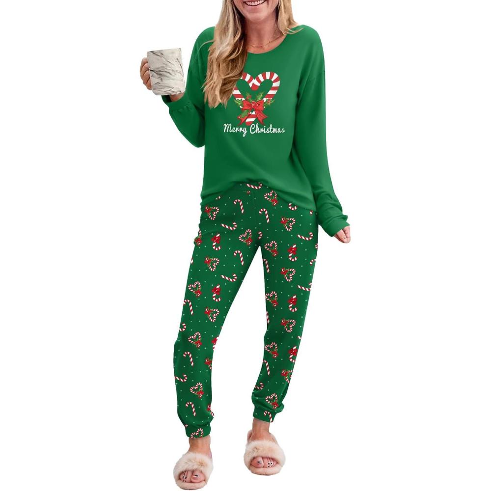 imageEkouaer Pajama Sets for Women 2 Piece Plaid Pjs Long Sleeve Lounge Sets Comfy Gingham Nightwear with PocketsChristmas Cane Green