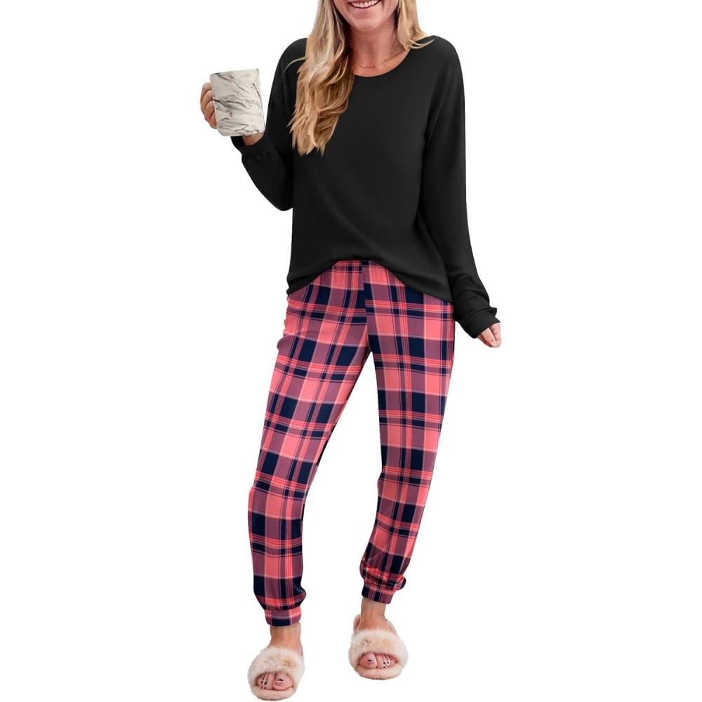 imageEkouaer Pajama Sets for Women 2 Piece Plaid Pjs Long Sleeve Lounge Sets Comfy Gingham Nightwear with PocketsDark Pink Plaid