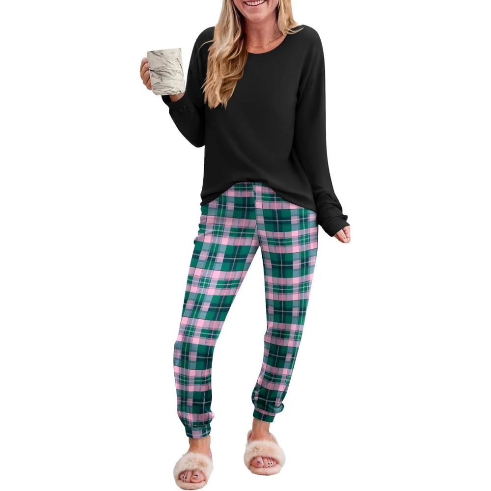 imageEkouaer Pajama Sets for Women 2 Piece Plaid Pjs Long Sleeve Lounge Sets Comfy Gingham Nightwear with PocketsGreen Plaid