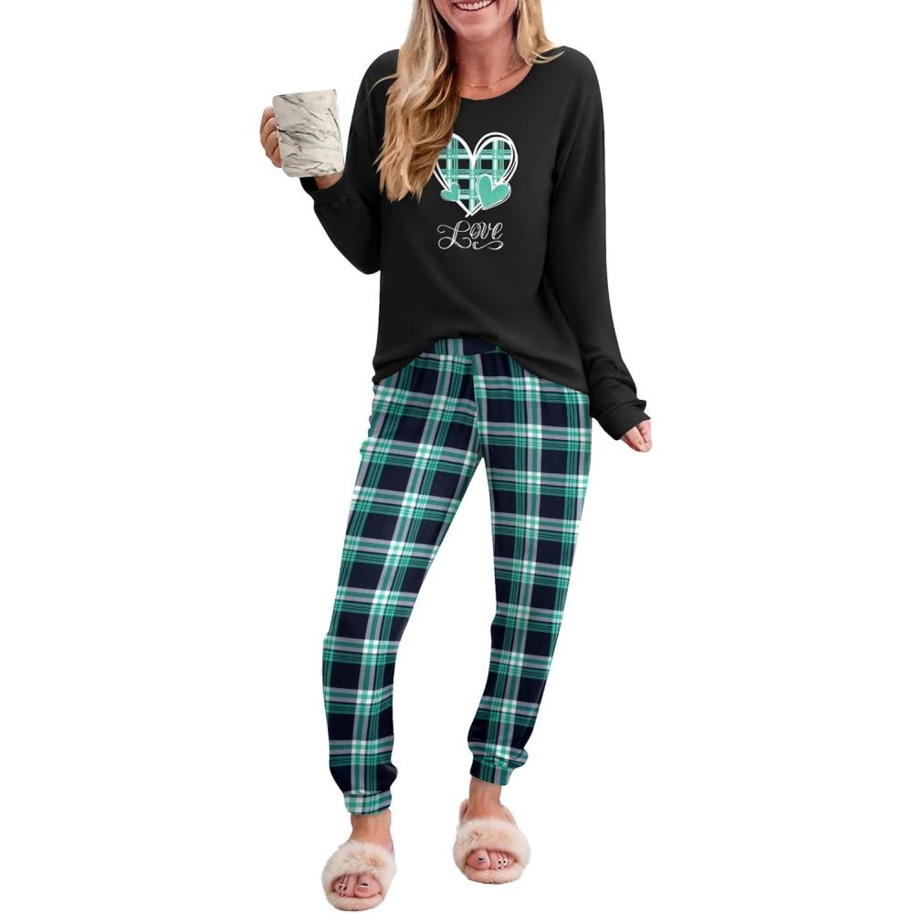 imageEkouaer Pajama Sets for Women 2 Piece Plaid Pjs Long Sleeve Lounge Sets Comfy Gingham Nightwear with PocketsHeart Plaid Green
