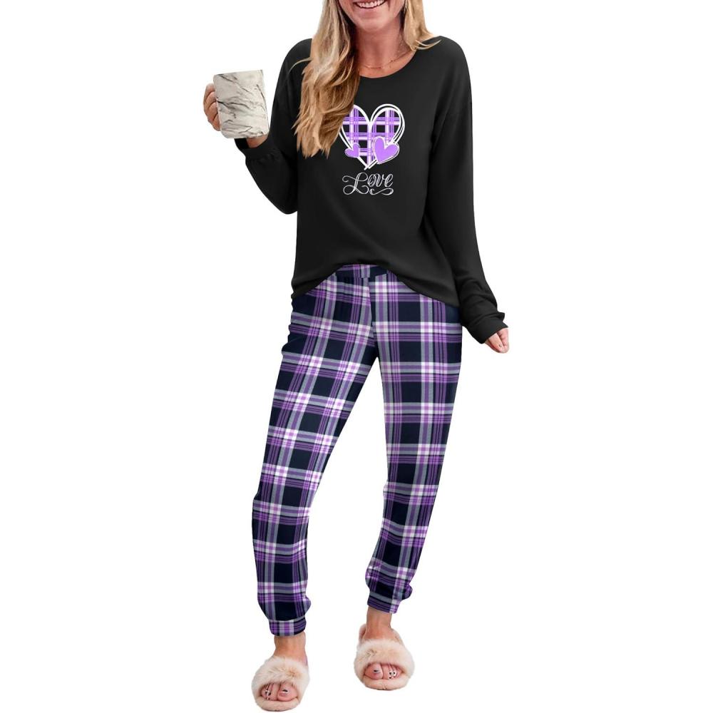 imageEkouaer Pajama Sets for Women 2 Piece Plaid Pjs Long Sleeve Lounge Sets Comfy Gingham Nightwear with PocketsHeart Plaid Purple