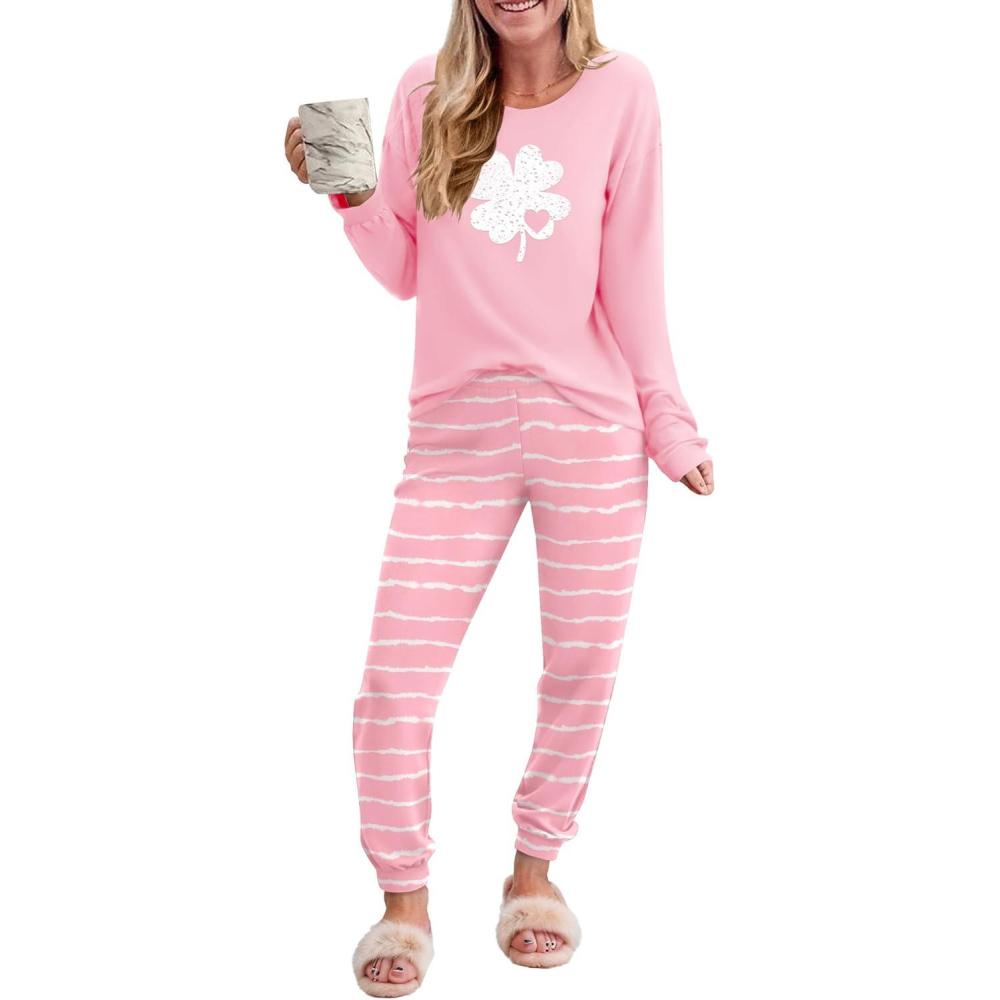 imageEkouaer Pajama Sets for Women 2 Piece Plaid Pjs Long Sleeve Lounge Sets Comfy Gingham Nightwear with PocketsPink Striped