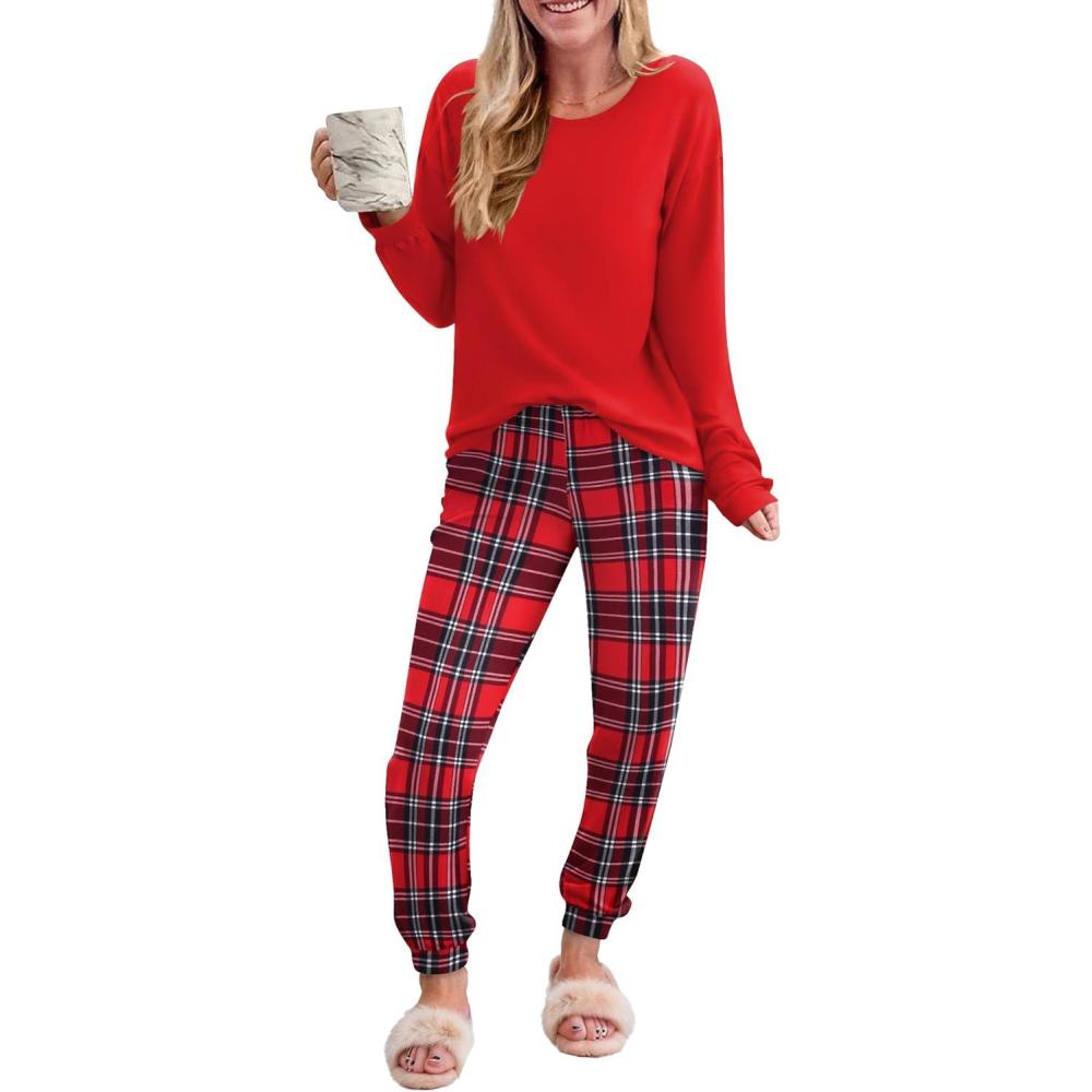 imageEkouaer Pajama Sets for Women 2 Piece Plaid Pjs Long Sleeve Lounge Sets Comfy Gingham Nightwear with PocketsRed and White Plaid