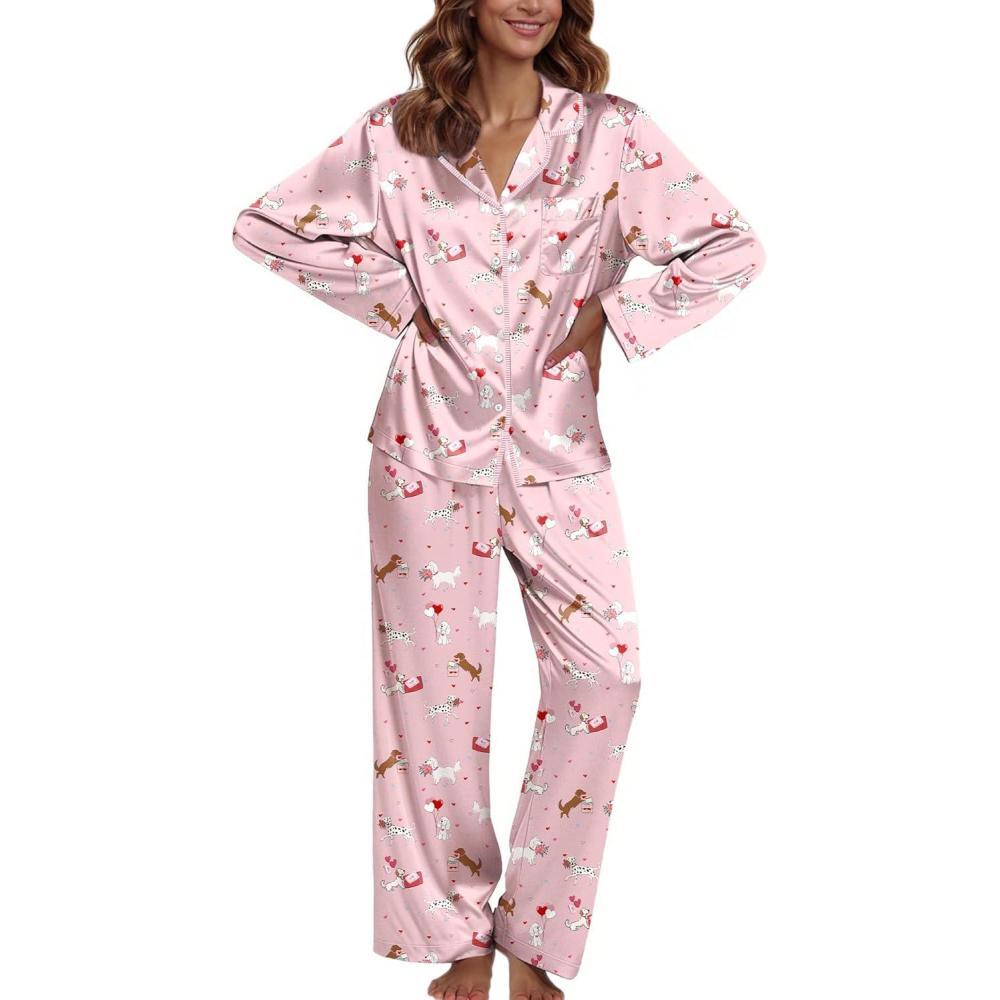 imageEkouaer Pajamas For Women Set Silk Pjs 2 Piece Satin Sleepwear Long Sleeve Button Down Lounge Sets With Pant2pink Heart