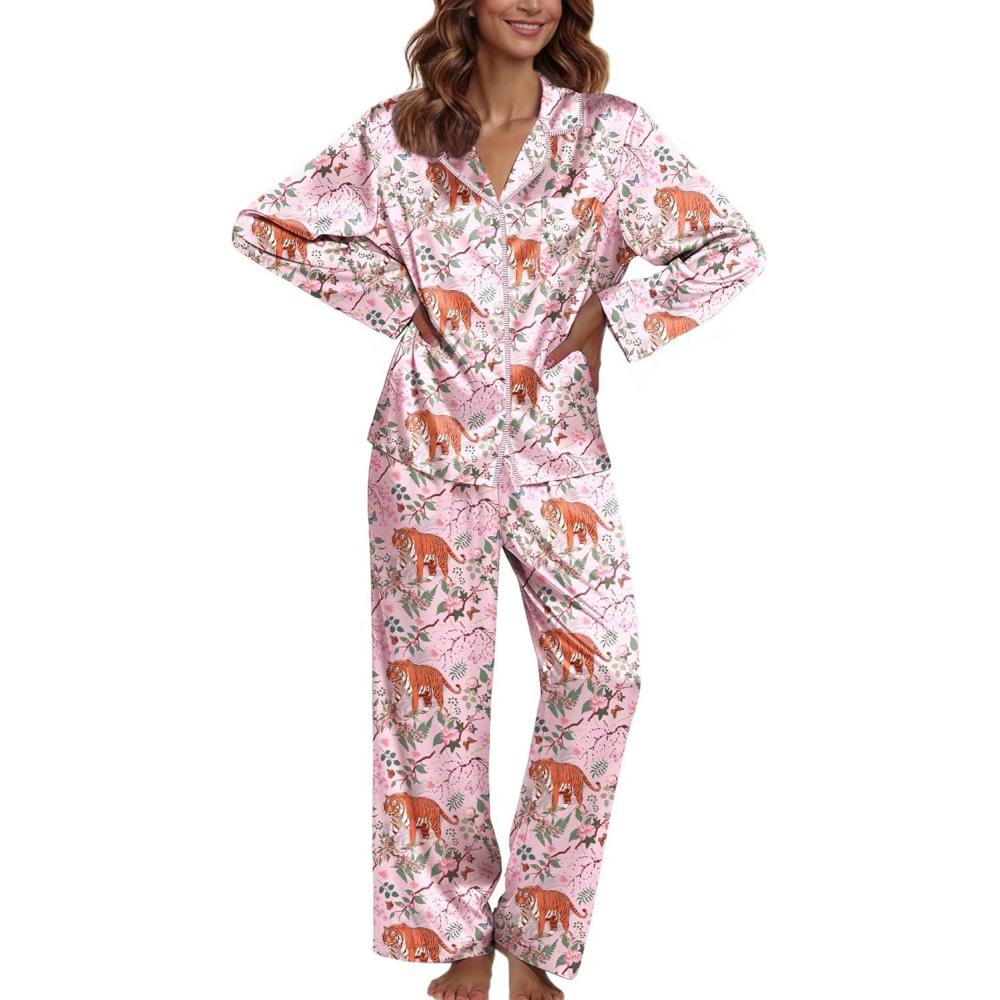 imageEkouaer Pajamas For Women Set Silk Pjs 2 Piece Satin Sleepwear Long Sleeve Button Down Lounge Sets With PantPink With Tiger
