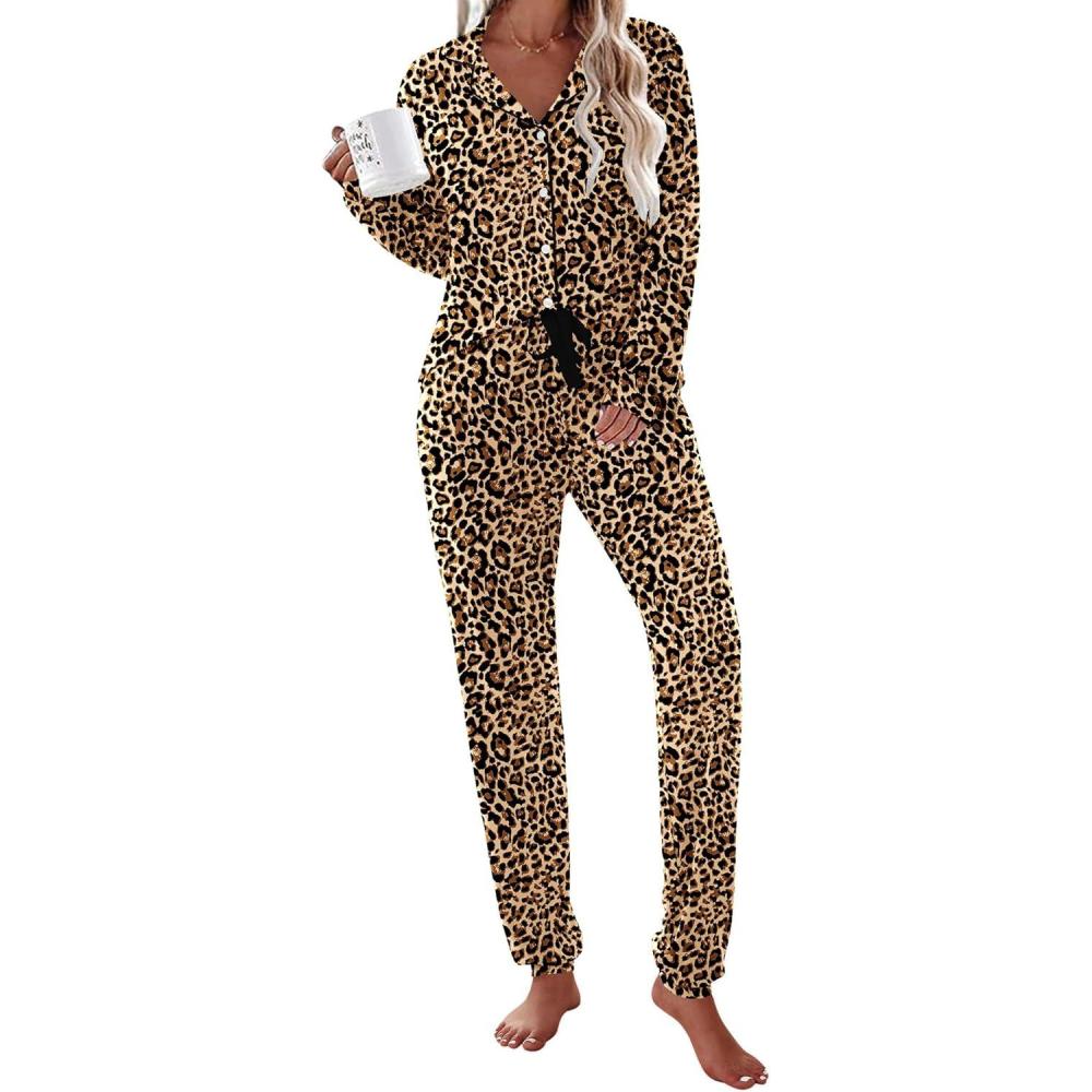 imageEkouaer Pajamas Set Long Sleeve Sleepwear Womens Button Down Nightwear Soft Pj Loungewear with PocketsLeopard