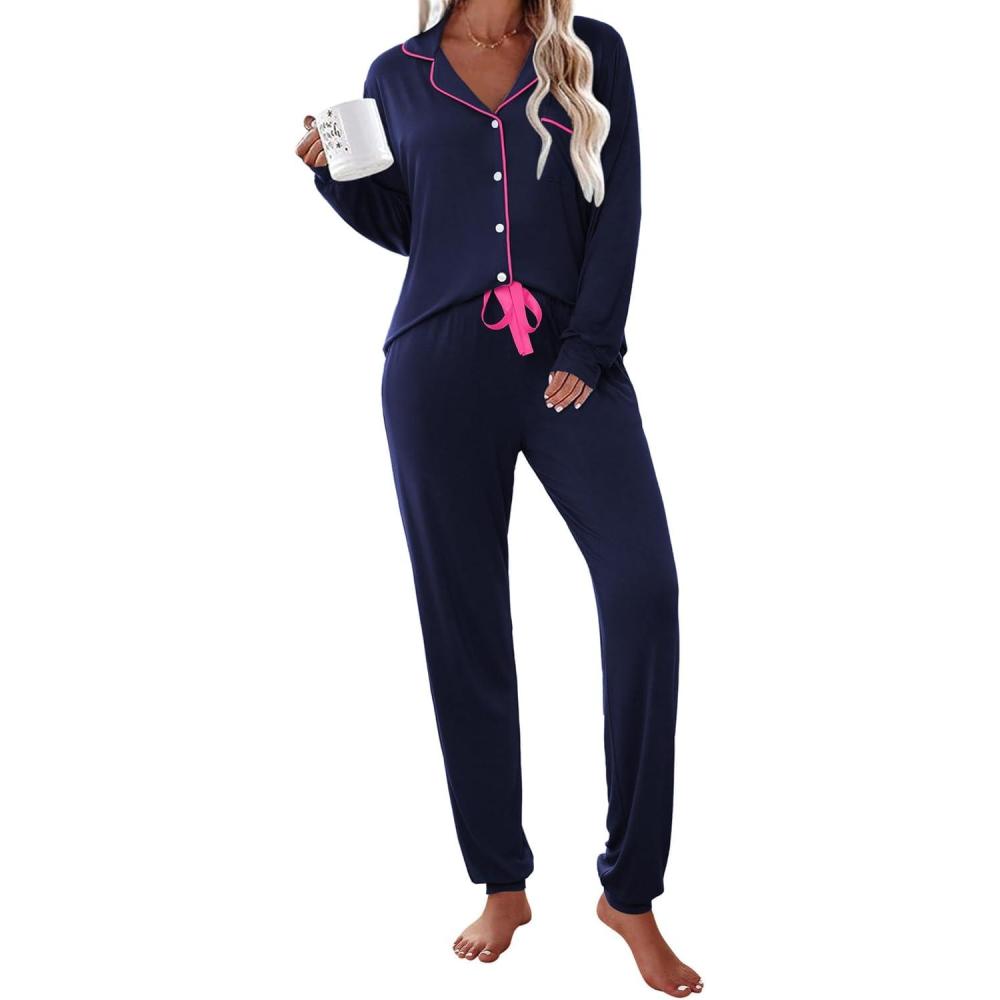 imageEkouaer Pajamas Set Long Sleeve Sleepwear Womens Button Down Nightwear Soft Pj Loungewear with PocketsNavy