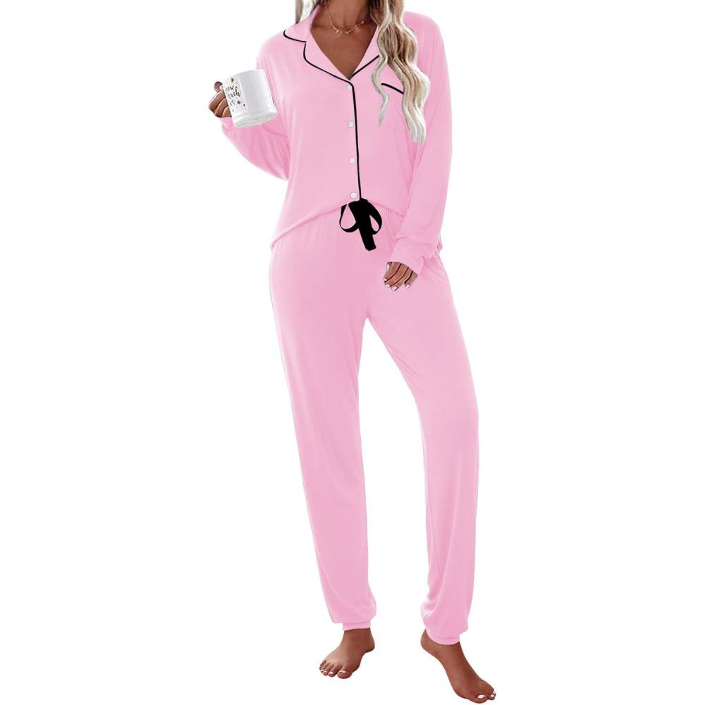 imageEkouaer Pajamas Set Long Sleeve Sleepwear Womens Button Down Nightwear Soft Pj Loungewear with PocketsPink