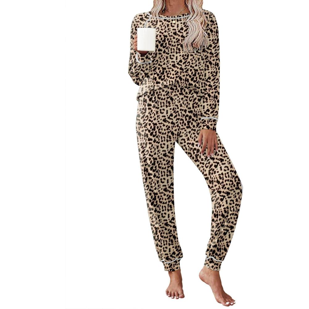imageEkouaer Pajamas Set for Women Soft Comfy Pjs Sets Long Sleeve Sleepwear Loungewear SXXLBrown Leopard