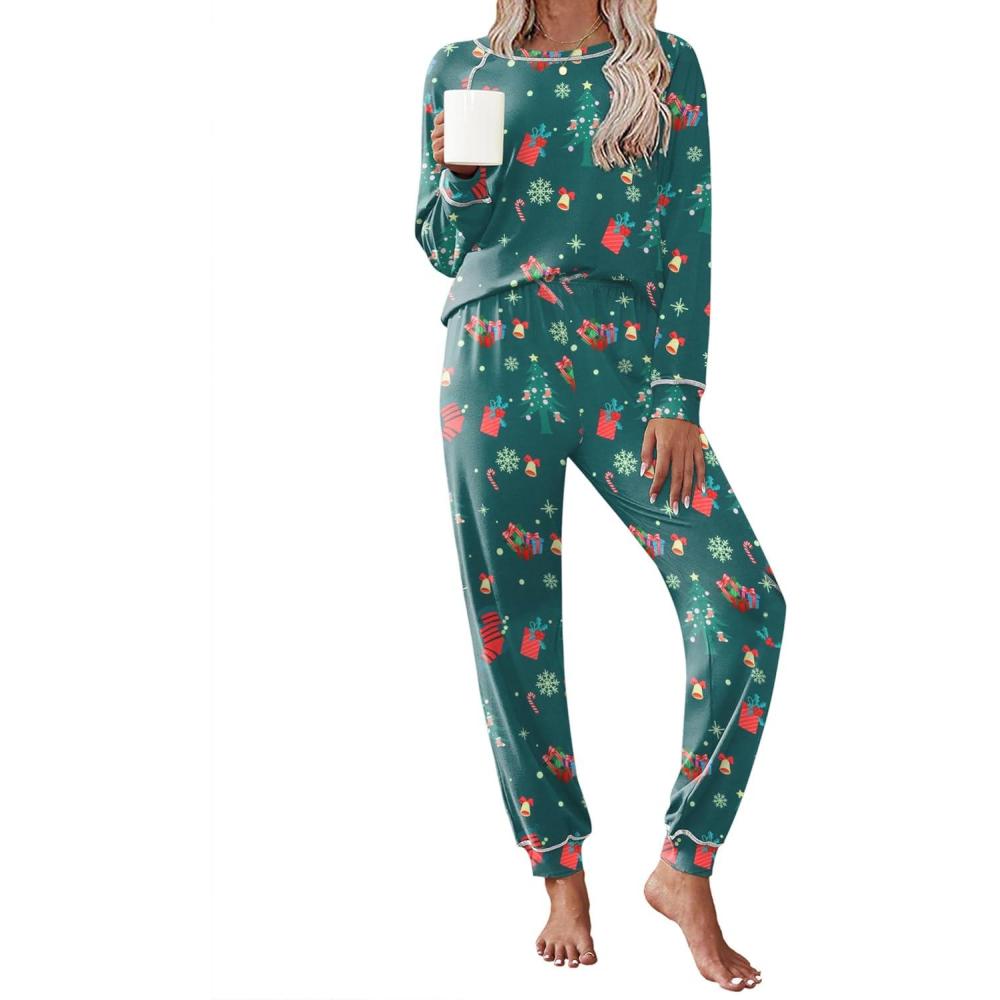 imageEkouaer Pajamas Set for Women Soft Comfy Pjs Sets Long Sleeve Sleepwear Loungewear SXXLChristmas Green