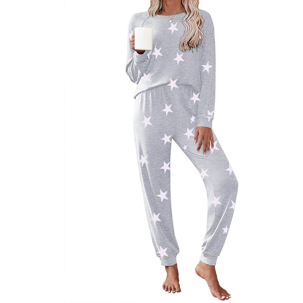 imageEkouaer Pajamas Set for Women Soft Comfy Pjs Sets Long Sleeve Sleepwear Loungewear SXXLGray Pink Star