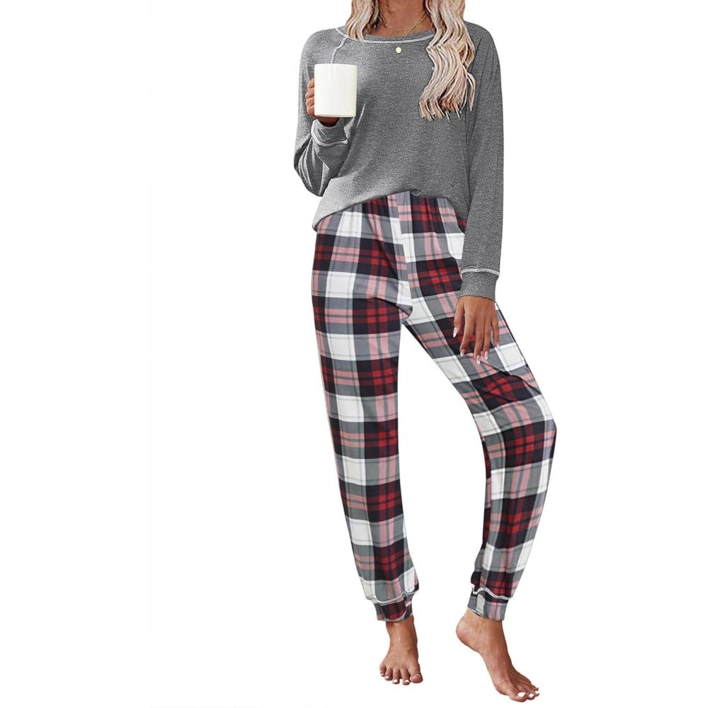 imageEkouaer Pajamas Set for Women Soft Comfy Pjs Sets Long Sleeve Sleepwear Loungewear SXXLGray Plaid