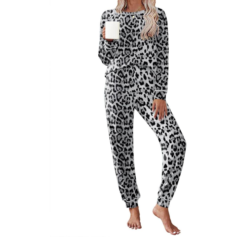 imageEkouaer Pajamas Set for Women Soft Comfy Pjs Sets Long Sleeve Sleepwear Loungewear SXXLGrey Leopard