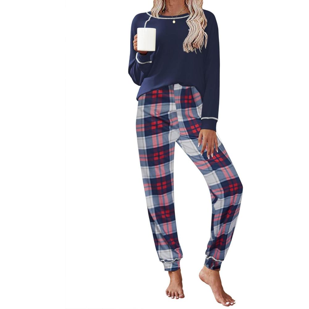 imageEkouaer Pajamas Set for Women Soft Comfy Pjs Sets Long Sleeve Sleepwear Loungewear SXXLNavy Plaid
