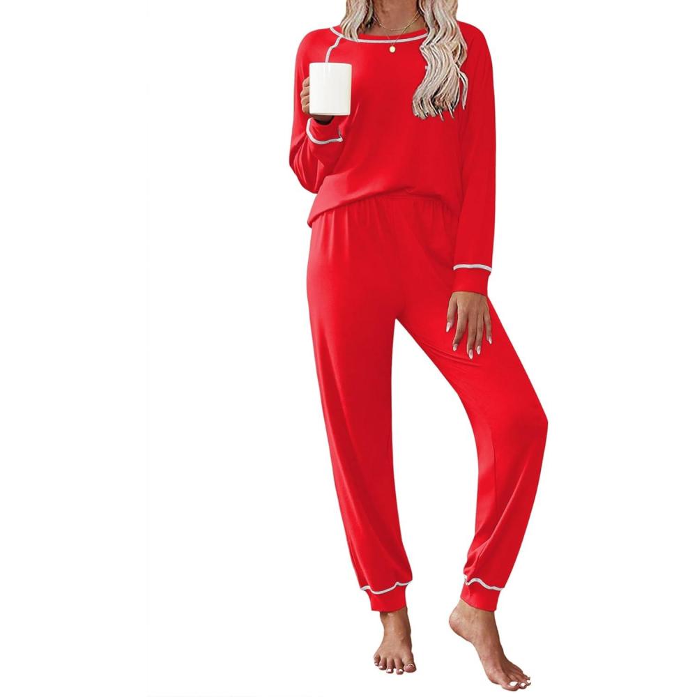 imageEkouaer Pajamas Set for Women Soft Comfy Pjs Sets Long Sleeve Sleepwear Loungewear SXXLRed